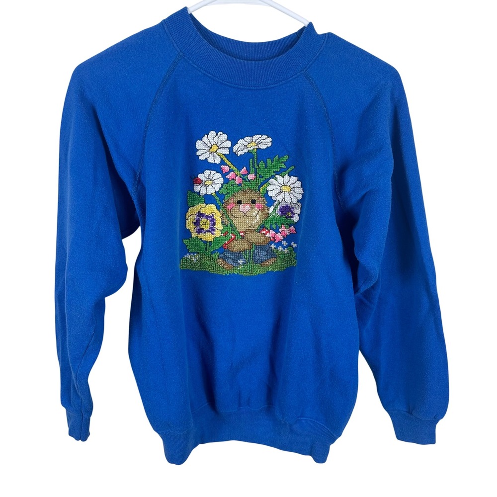 Vintage Hanes Sweatshirt Womens Medium Blue Embroidered Bunny Floral Easter